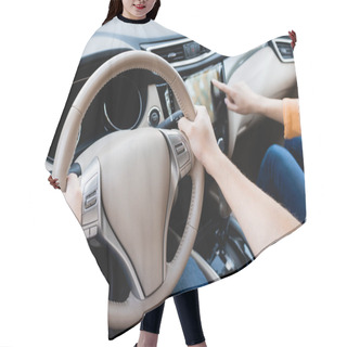 Personality  Cropped View Of Man Driving Auto While Wife Using Audio System On Blurred Background  Hair Cutting Cape
