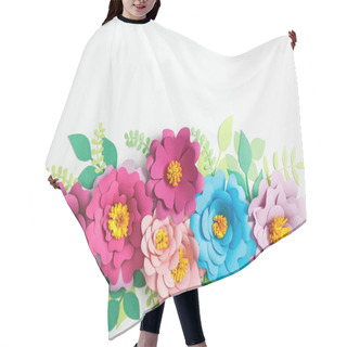 Personality  Top View Of Multicolored Paper Flowers And Green Leaves On Grey Background Hair Cutting Cape