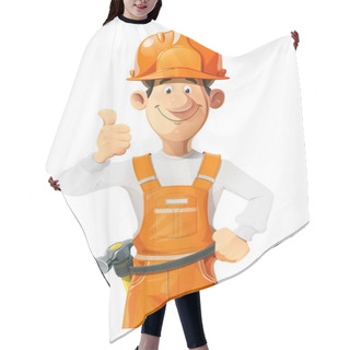 Personality  Builder. Working In Helmet And Overalls. Cartoon Character. Work Occupation. Repair Specialist. Building Industries. Isolated On White Background. Eps10 Vector Illustration. Hair Cutting Cape