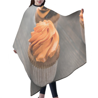 Personality  Selective Focus Of Delicious Halloween Orange Cupcake On Wooden Table Hair Cutting Cape