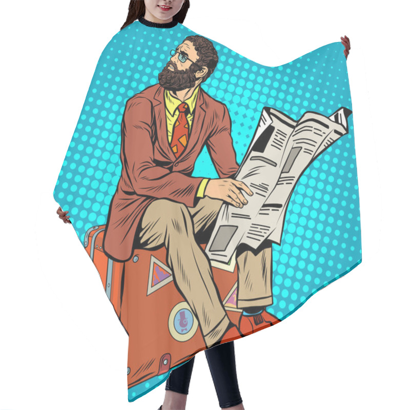 Personality  Bearded Hipster Traveler Reading A Newspaper Hair Cutting Cape