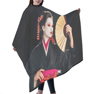 Personality  Geisha In Kimono With Red Flowers In Hair Holding Traditional Asian Hand Fan Isolated On Black Hair Cutting Cape