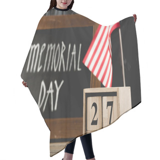 Personality  Wooden Cubes With Date Near Chalkboard With Memorial Day Lettering And American Flag  Hair Cutting Cape