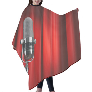 Personality  Vintage Microphone On Stage With Red Curtain. Music Concept. Hair Cutting Cape