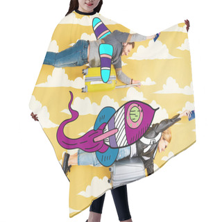 Personality  Happy Couple Flying As Rockets In Sky On Suitcases With Passports And Air Tickets On Yellow Background With Clouds Illustration Hair Cutting Cape