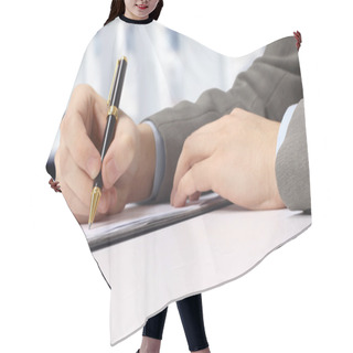 Personality  Close-up Of Business Person Hand With Pen Over Document Hair Cutting Cape