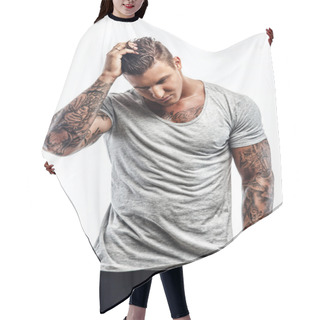 Personality  Tattooed Man In Grey T Shirt. Hair Cutting Cape