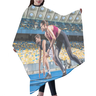 Personality  Athletic Young Male And Female Sprinters In Start Position On Running Track At Sports Stadium Hair Cutting Cape