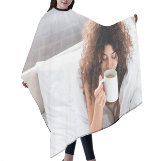 Personality  High Angle View Of Young Curly Woman Smelling Coffee In Bedroom Hair Cutting Cape