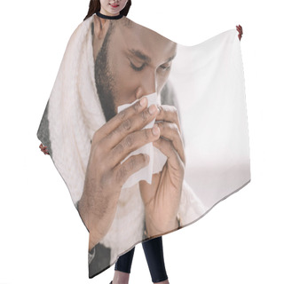 Personality  Ill African American Man With Runny Nose Holding Napkin Hair Cutting Cape