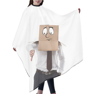 Personality  Businessman With Cardboard Box On His Head Showing Thumb Down Isolated On White Hair Cutting Cape