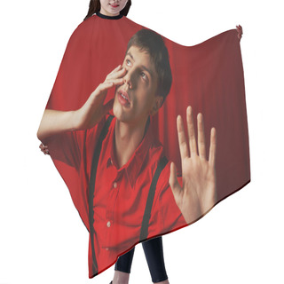 Personality  Suspenseful Man In Shirt With Suspenders Posing With Raised Hands On Red Background, Startled Hair Cutting Cape