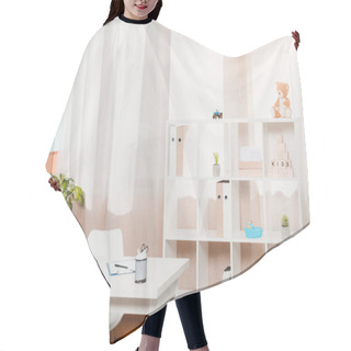 Personality  Doctors Workplace And Bookshelf With Folders In Clinic Hair Cutting Cape