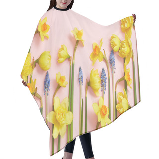 Personality  Top View Of Beautiful Blue Hyacinths And Yellow Daffodils On Pink  Hair Cutting Cape