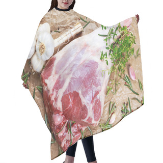 Personality  Raw Lamb Leg On Crumpled Paper Background With Herbs. Hair Cutting Cape
