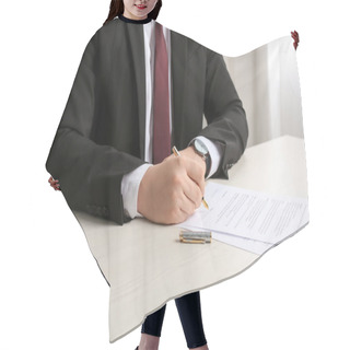 Personality  Notary Signing Document At Wooden Table Indoors, Closeup Hair Cutting Cape