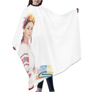 Personality  Side View Of Brunette Young Woman In National Ukrainian Costume Holding Flag Isolated On White Hair Cutting Cape
