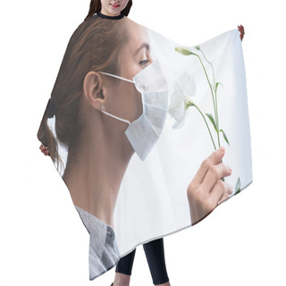Personality  Side View Of Woman In Medical Mask Smelling Flowers  Hair Cutting Cape