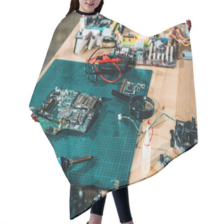 Personality  Circuit Board And Engineering Equipment On Table Hair Cutting Cape