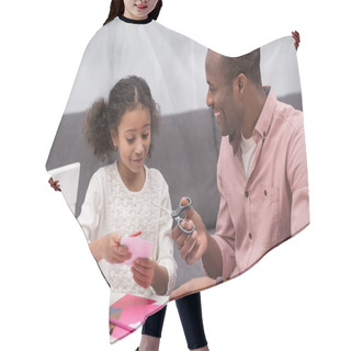 Personality  Smiling African American Father And Daughter Cutting Paper For Greeting Card On Mothers Day Hair Cutting Cape