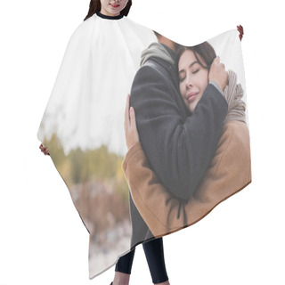 Personality  Pleased Woman With Closed Eyes Hugging Man In Autumn Coat Outdoors Hair Cutting Cape