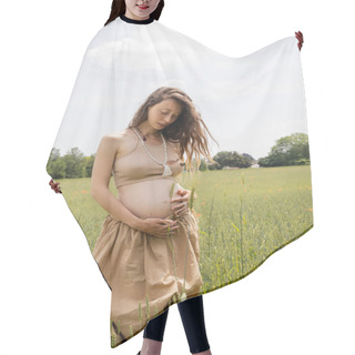 Personality  Pregnant Woman Holding Spikelet Near Belly In Summer Field  Hair Cutting Cape