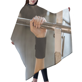 Personality  Cropped View Of Sportswoman Holding Barbell In Gym Hair Cutting Cape