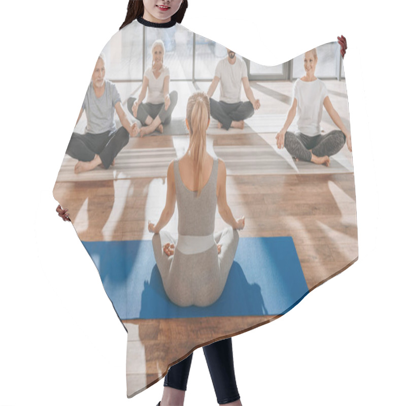 Personality  Group Of Women Meditating In Lotus Yoga Pose With Mudra Of Knowledge Hair Cutting Cape
