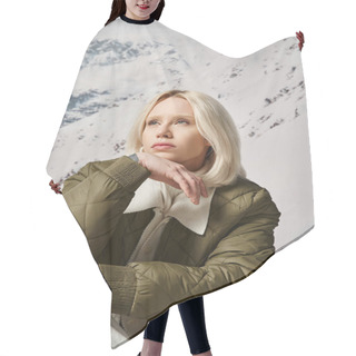 Personality  Portrait Of Dreamy Woman Sitting On Snow With Hand Under Chin And Looking Away, Winter Fashion Hair Cutting Cape