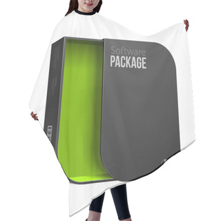 Personality  Opened Modern Black Software Package Box With Rounded Corners Green Inside. With DVD Or CD Disk For Your Product.  Hair Cutting Cape