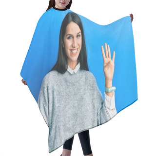 Personality  Young Hispanic Woman Wearing Casual Clothes Showing And Pointing Up With Fingers Number Four While Smiling Confident And Happy.  Hair Cutting Cape