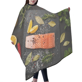 Personality  Raw Salmon With Herbs And Lemons On Slate Background Hair Cutting Cape