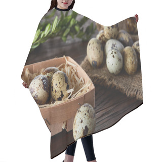 Personality  Composition Of Eggs Quail Box, Eggs On A Homespun Napkin, Boxwood On Wooden Background, Top View Hair Cutting Cape