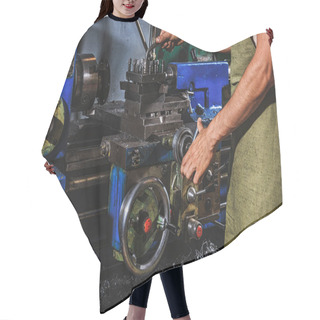 Personality  Partial View Of Male Manufacture Worker In Protective Apron Using Machine Tool At Factory Hair Cutting Cape