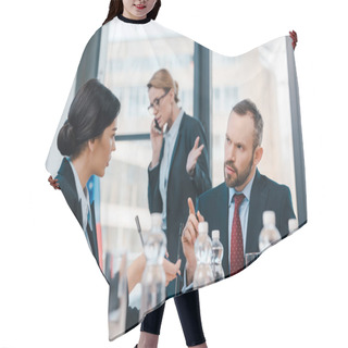 Personality  Selective Focus Of Diplomats Talking And Gesturing Near Businesswoman Using Smartphone  Hair Cutting Cape