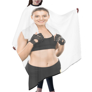 Personality  Smiling Sportswoman In Weightlifting Gloves With White Towel Isolated On White Hair Cutting Cape