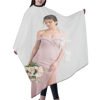 Personality  Young Bride In Pink Dress And Veil Holding Wedding Bouquet Isolated On Grey Hair Cutting Cape