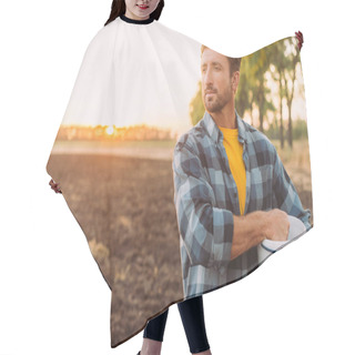 Personality  Rancher In Plaid Shirt Holding Bucket While Standing On Plowed Field In Sunshine Hair Cutting Cape