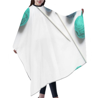 Personality  Top View Of Blue And Green Wool Yarn And Knitting Needles On White Background Hair Cutting Cape