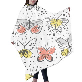 Personality  Seamless Pattern With Butterfly. Hand Drawn Vector Illustration. Decorative Elements For Design. Black Contour Drawing. Creative Ink Art Work Hair Cutting Cape
