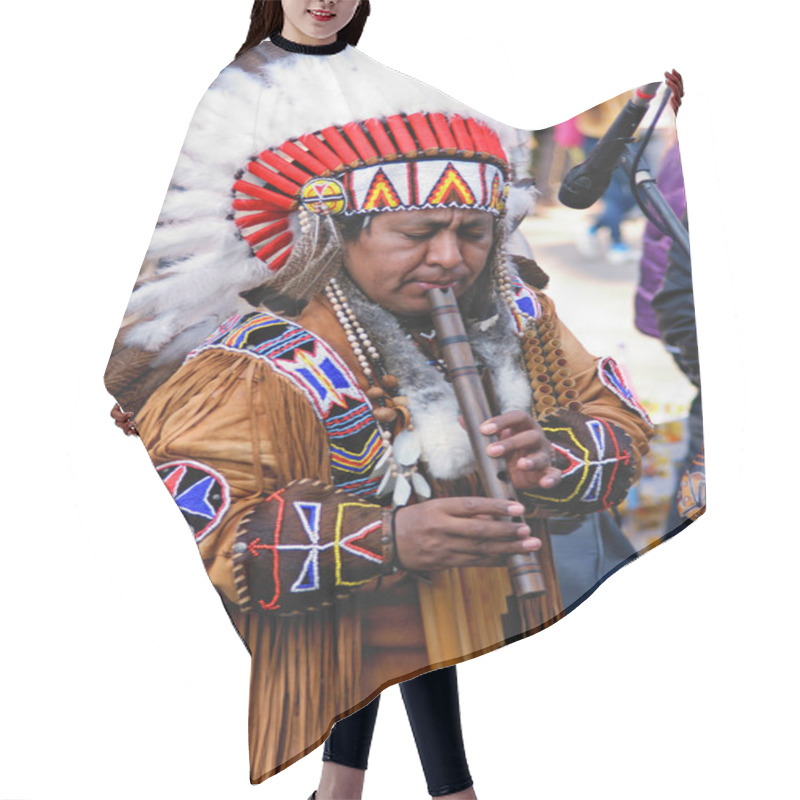 Personality  Portrait Of A Native American Playing At A Flute Hair Cutting Cape