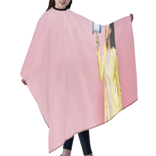 Personality  Side View Of Asian Woman In Yellow Outfit Screaming In Megaphone Isolated On Pink, Panoramic Shot Hair Cutting Cape