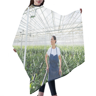 Personality  Joyful African American Farmer Smiling While Looking Away In Greenhouse Hair Cutting Cape