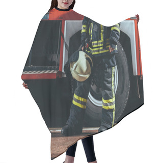 Personality  Partial View Of Female Firefighter In Protective Uniform With Helmet In Hand Standing Near Truck At Fire Station Hair Cutting Cape
