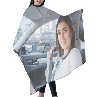 Personality  Elegant Woman Smiling At Camera While Sitting In Car And Fixing Seatbelt Hair Cutting Cape