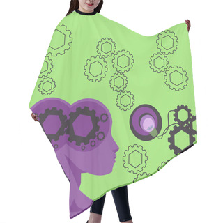 Personality  Two Heads With Cogs Showing Technology Ideas. Gears In Brain Symbols Design Displaying Mechanical And Technical Idea. Hair Cutting Cape