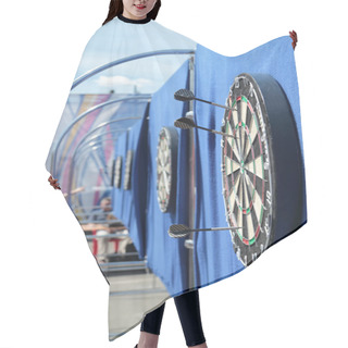 Personality  Dartboard With Javelins On Blue Wall On Street In Summer Day Hair Cutting Cape