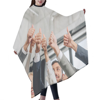 Personality  Low Angle View Of Smiling Businesspeople Showing Thumbs Up In Hub Hair Cutting Cape