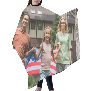 Personality  Smiling Kid Holding American Flag Near Parents Outdoors  Hair Cutting Cape