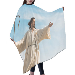 Personality  Jesus With Outstretched Hand Holding Wooden Cane Against Blue Sky Hair Cutting Cape